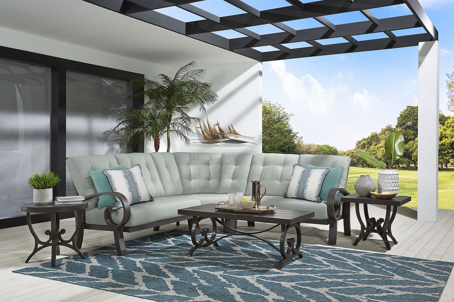 Bermuda Bay Aged Bronze 3 Pc Outdoor Sectional with Seafoam Cushions - Image 2
