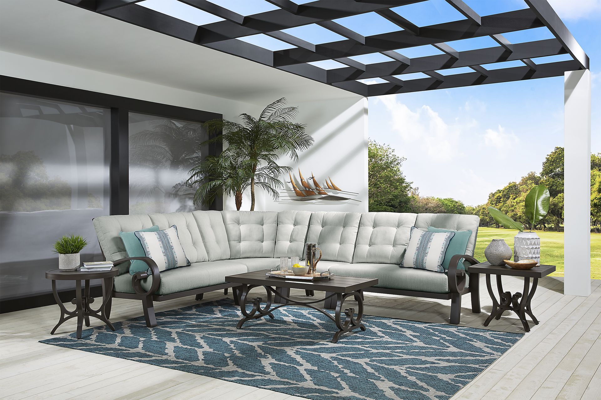 Bermuda Bay Aged Bronze 4 Pc Outdoor Sectional with Rollo Seafoam Cushions - Image 2