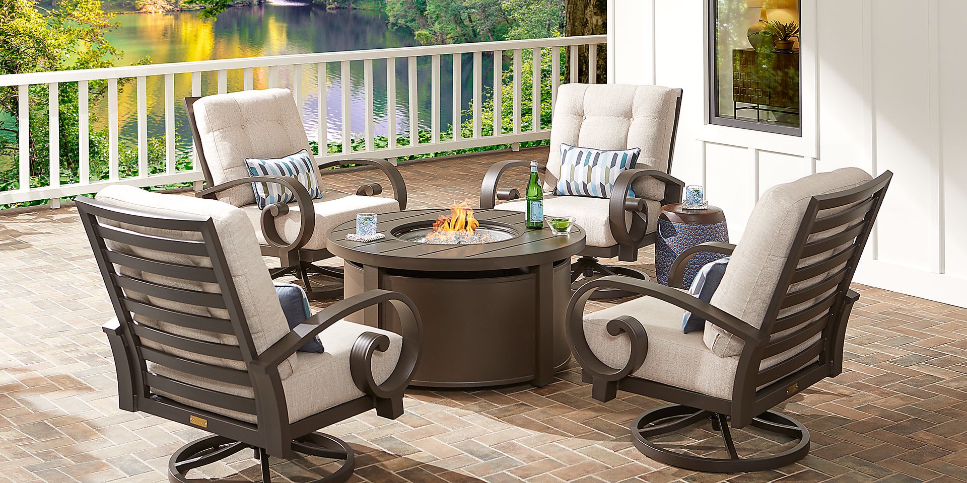 Bermuda Bay Aged Bronze 5 Pc Outdoor Fire Pit Seating Set with Parchment Cushions - Image 1