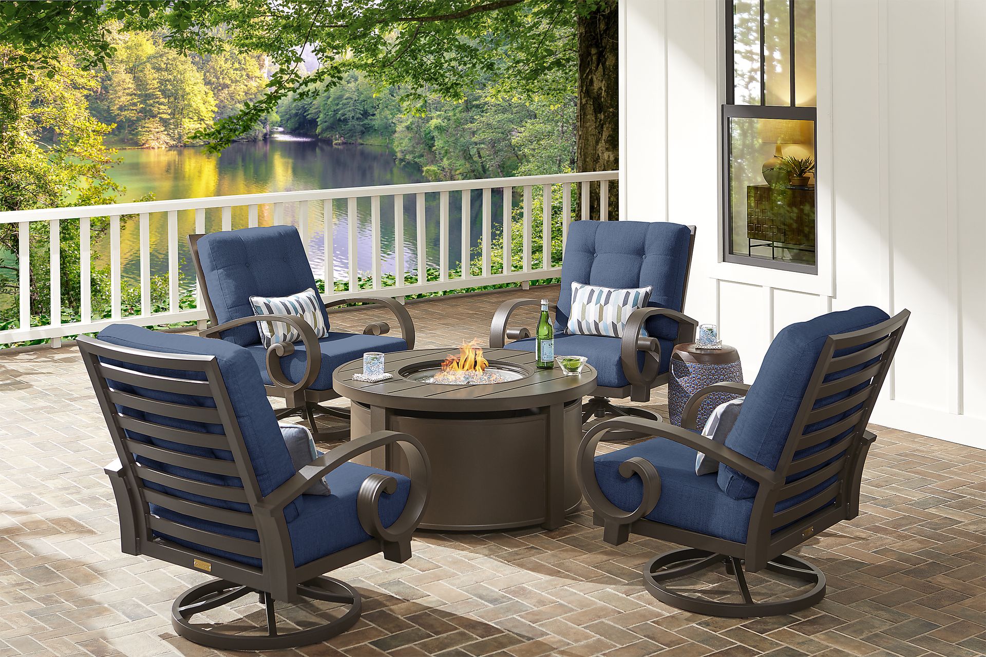 Bermuda Bay Aged Bronze 5 Pc Fire Pit Set with Ink Cushions - Image 1