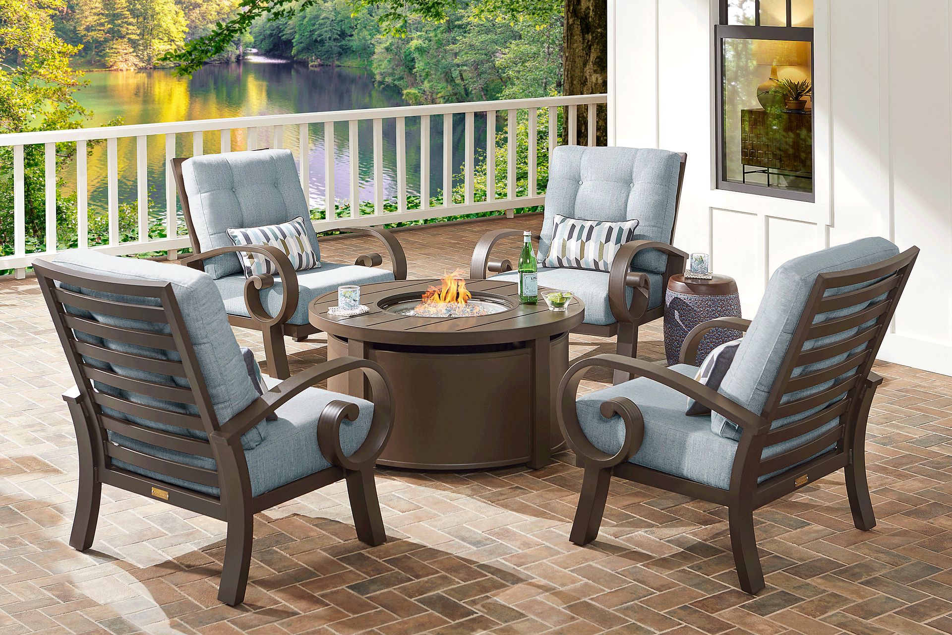 Bermuda Bay Aged Bronze 5 Pc Fire Pit Seating Set with Seafoam Cushions - Image 1