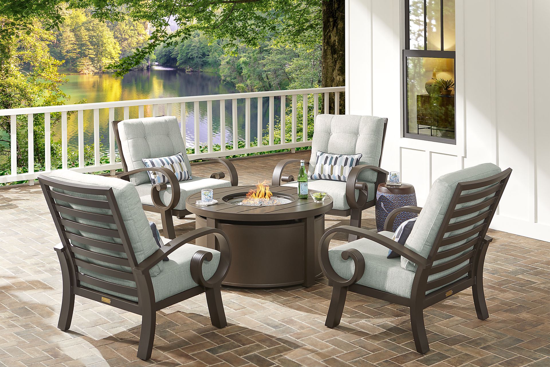 Bermuda Bay Aged Bronze 5 Pc Fire Pit Set with Rollo Seafoam Cushions - Image 1