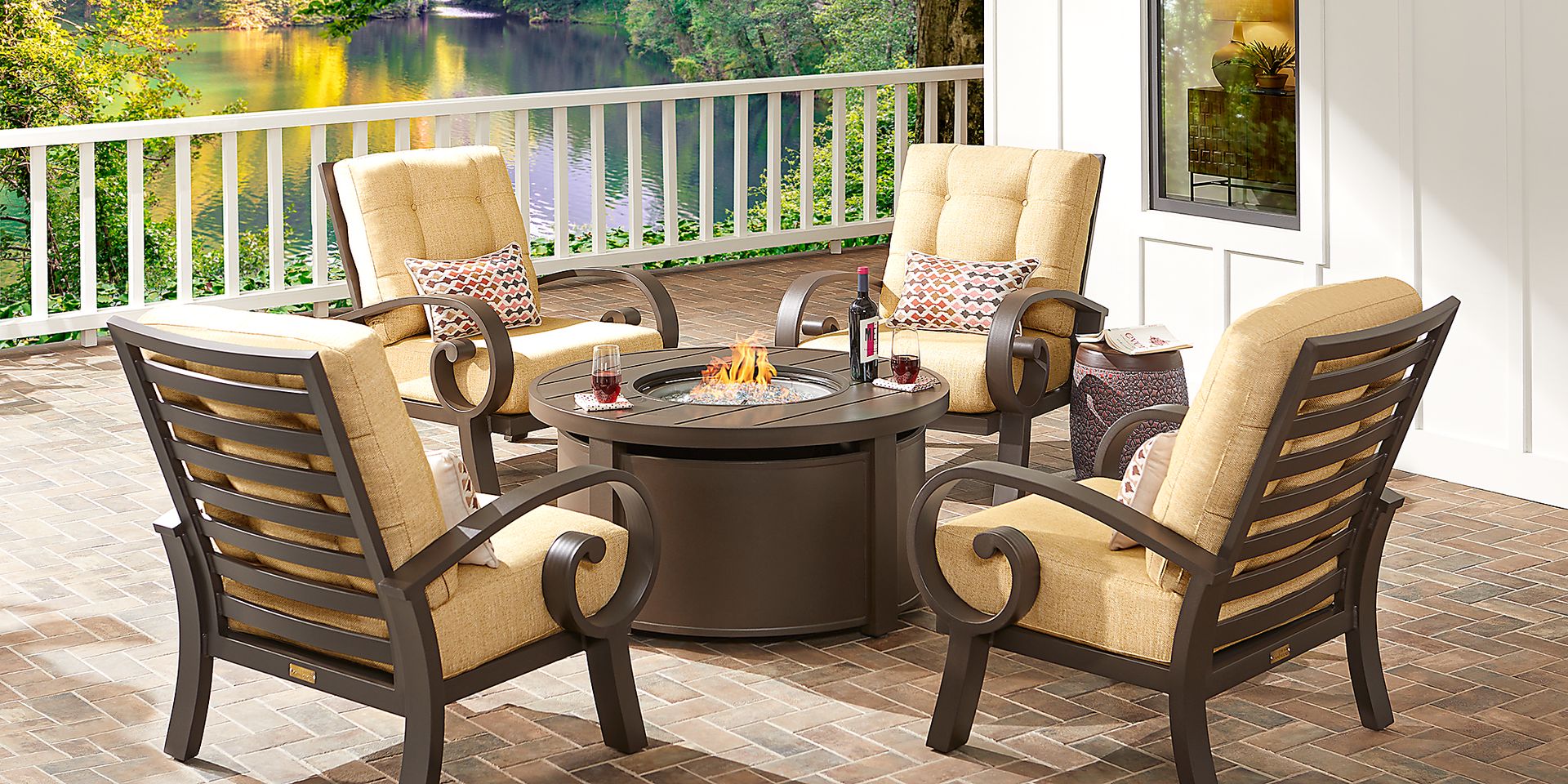 Bermuda Bay Aged Bronze 5 Pc Fire Pit Set with Straw Cushions - Image 1
