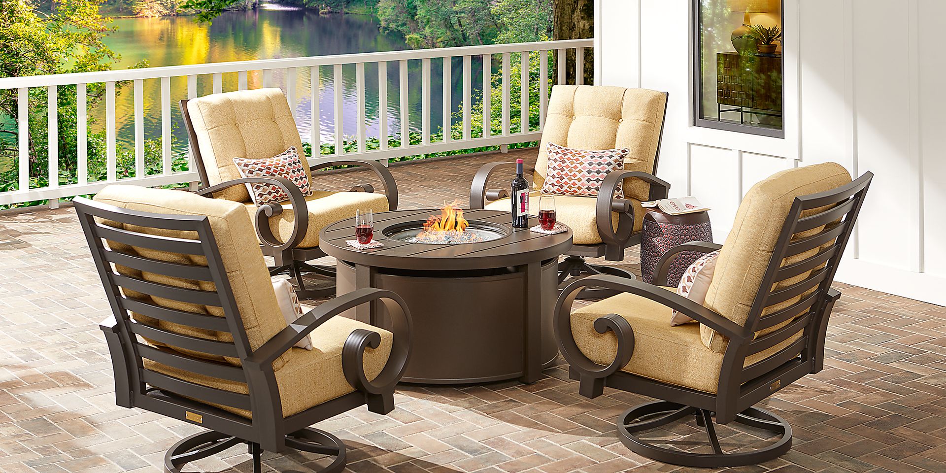 Bermuda Bay Aged Bronze 5 Pc Fire Pit Set with Swivel Chairs and Straw Cushions - Image 1
