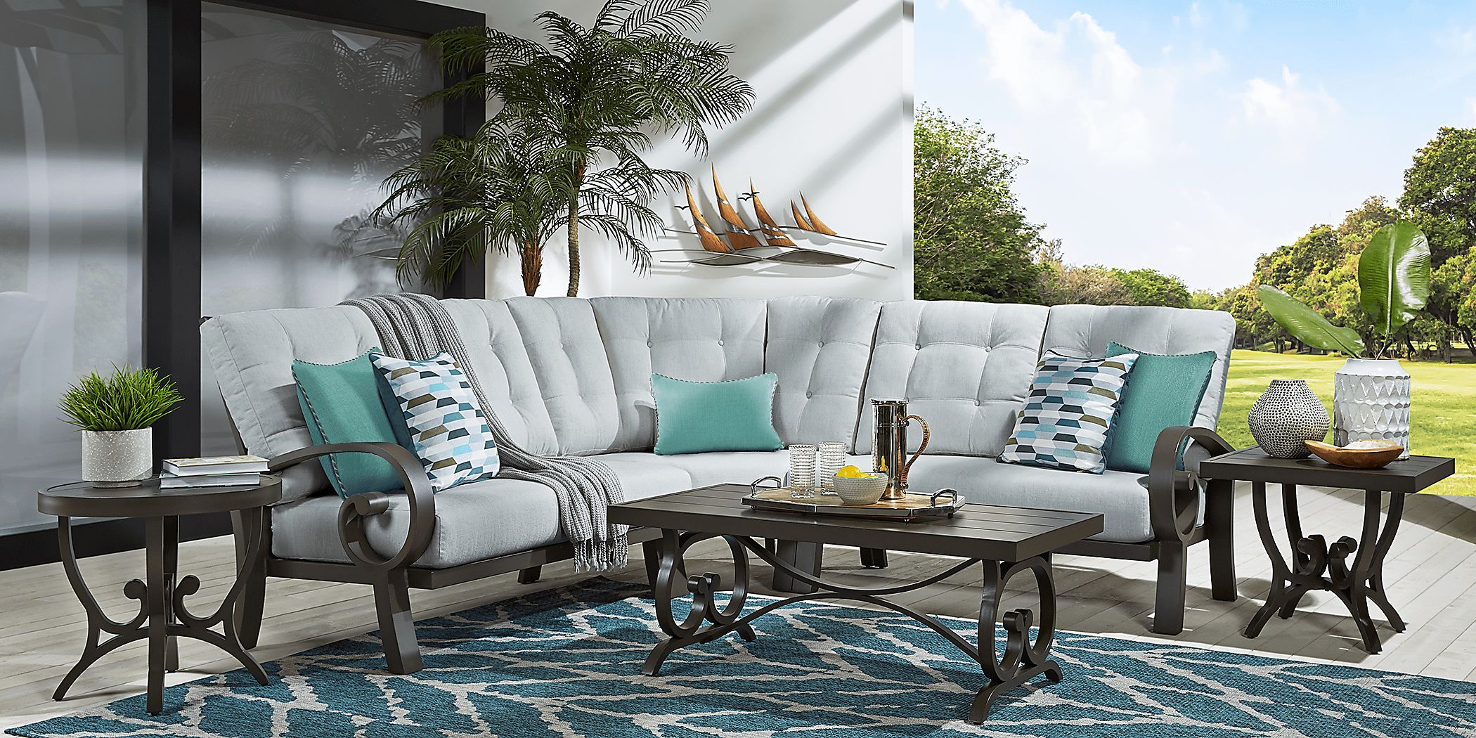 Bermuda Bay Aged Bronze Outdoor 3 Pc Sectional with Seafoam Cushions Rooms To Go