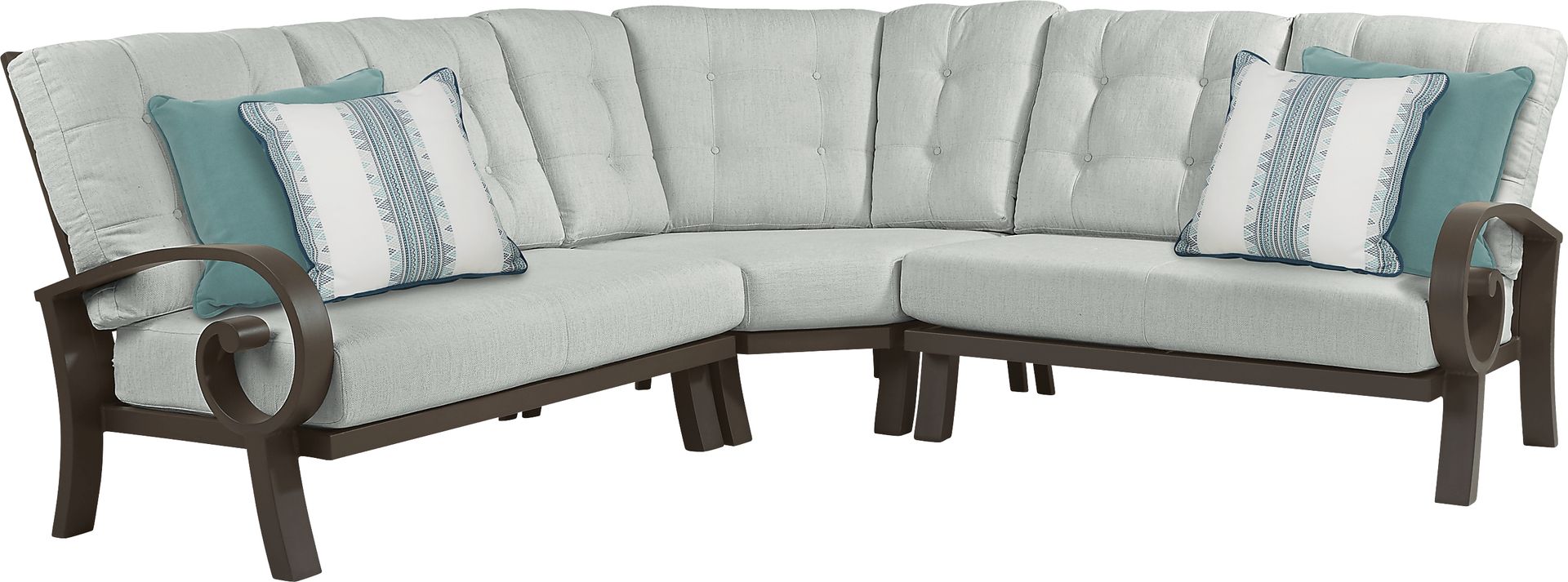 Bermuda Bay Aged Bronze 3 Pc Outdoor Sectional with Rollo Seafoam Cushions - Image 1