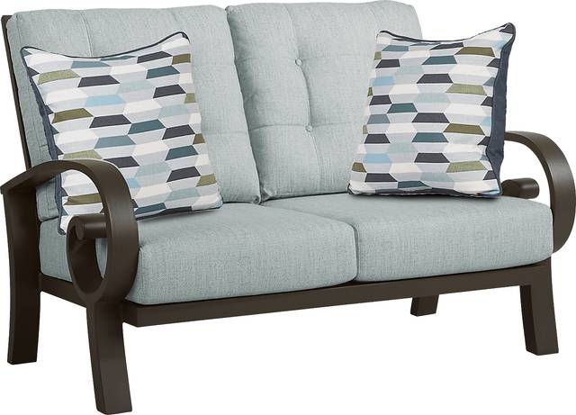 Bermuda Bay Aged Bronze Outdoor Loveseat with Seafoam Cushions - Thumbnail - Image 1
