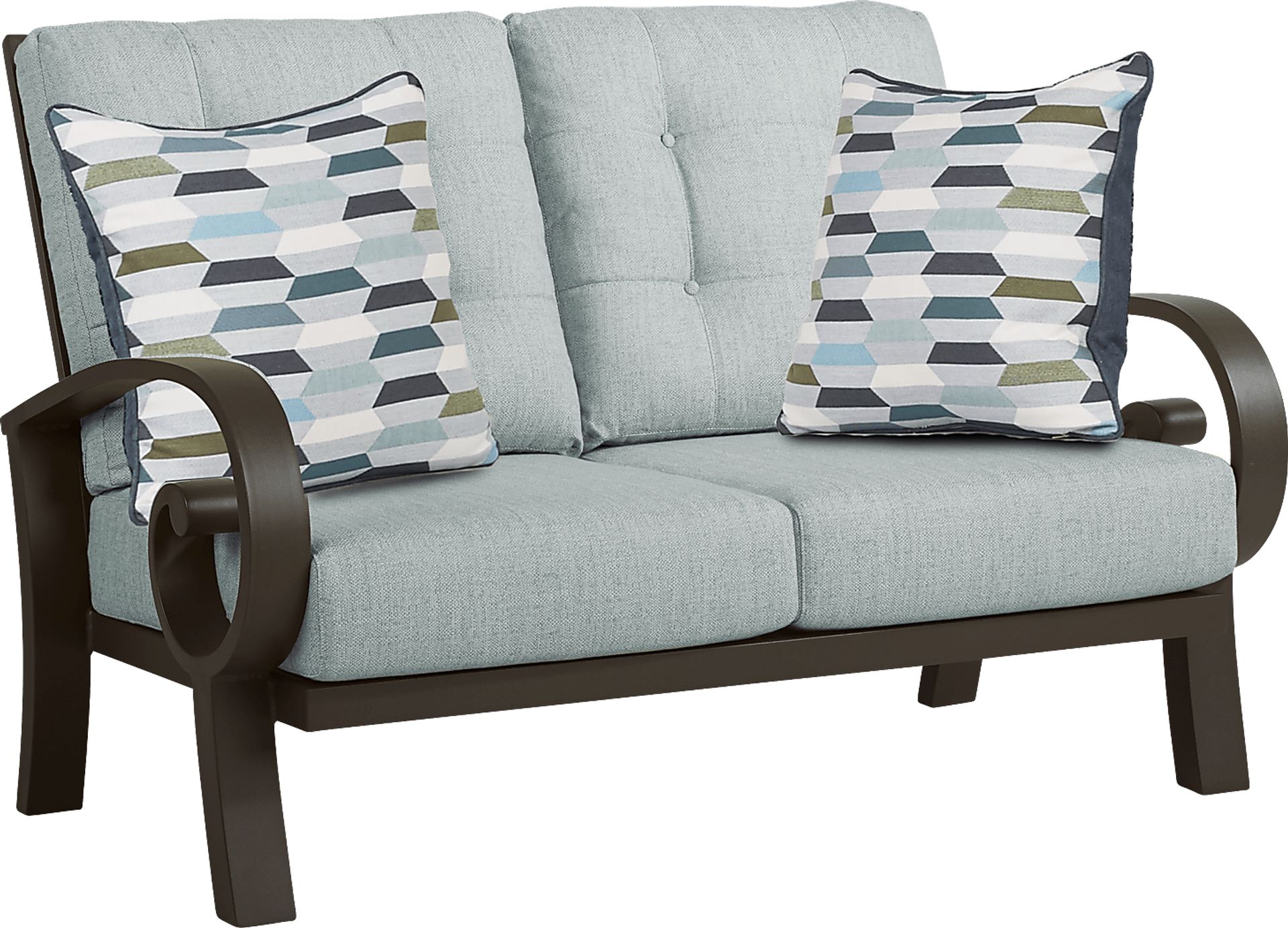Bermuda Bay Aged Bronze Outdoor Loveseat with Seafoam Cushions - Image 1