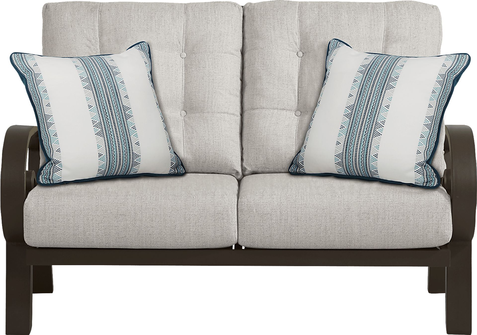Bermuda Bay Aged Bronze Outdoor Loveseat with Rollo Linen Cushions - Image 1