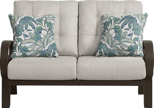 Bermuda Bay Aged Bronze Outdoor Loveseat with Rollo Linen Cushions - Thumbnail - Image 1