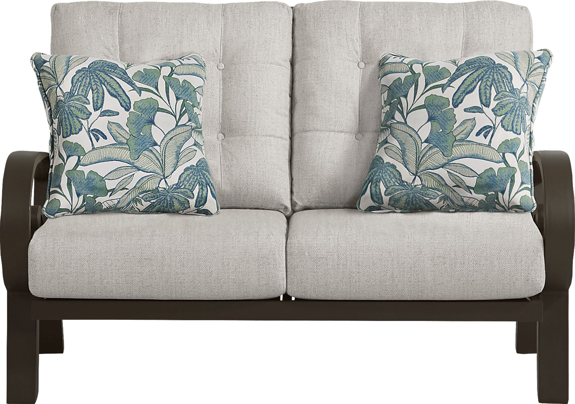 Bermuda Bay Aged Bronze Outdoor Loveseat with Rollo Linen Cushions - Image 1