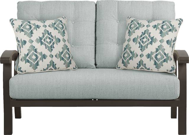 Bermuda Bay Aged Bronze Outdoor Loveseat with Rollo Mist Cushions - Thumbnail - Image 1