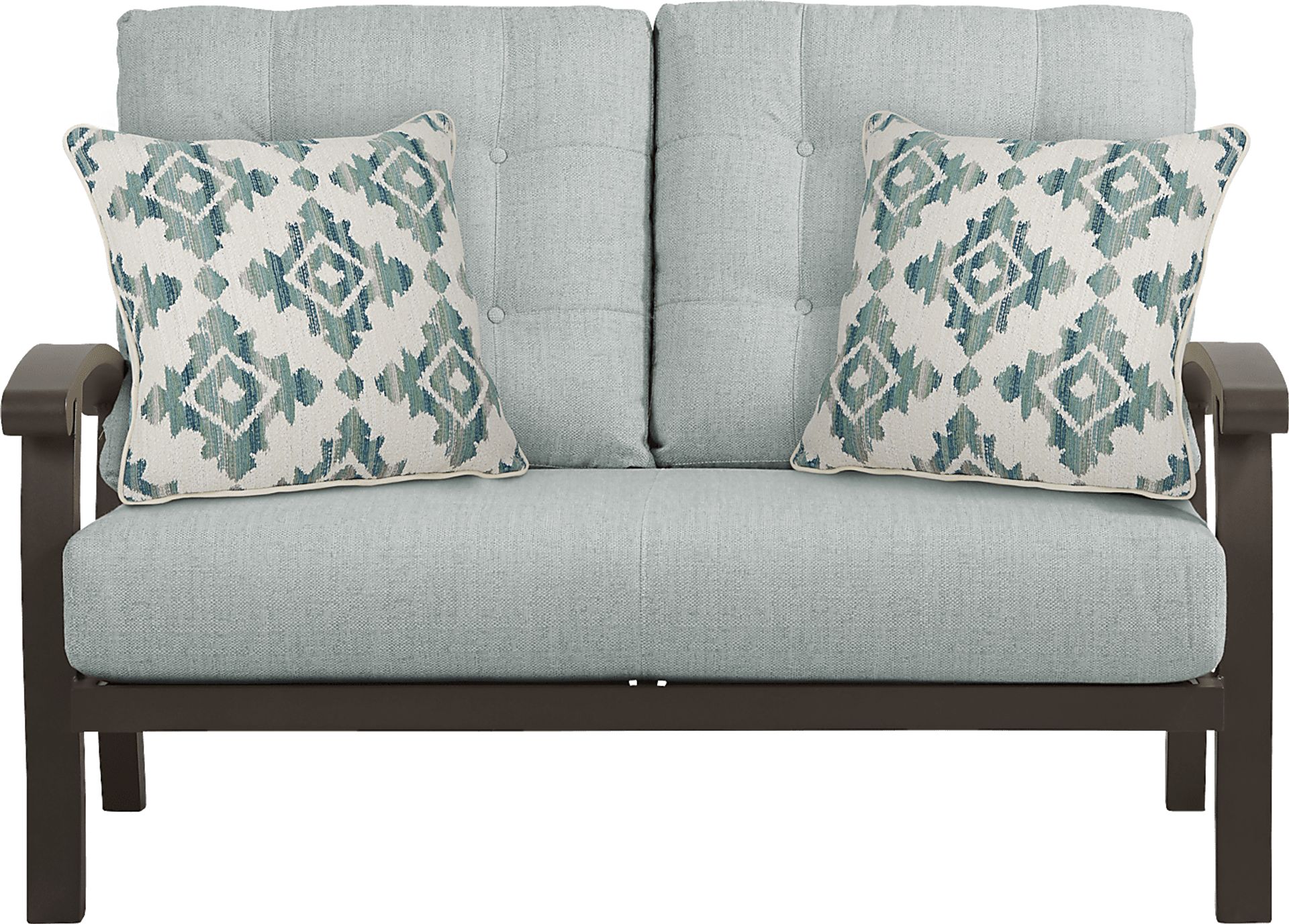 Bermuda Bay Aged Bronze Outdoor Loveseat with Rollo Mist Cushions - Image 1