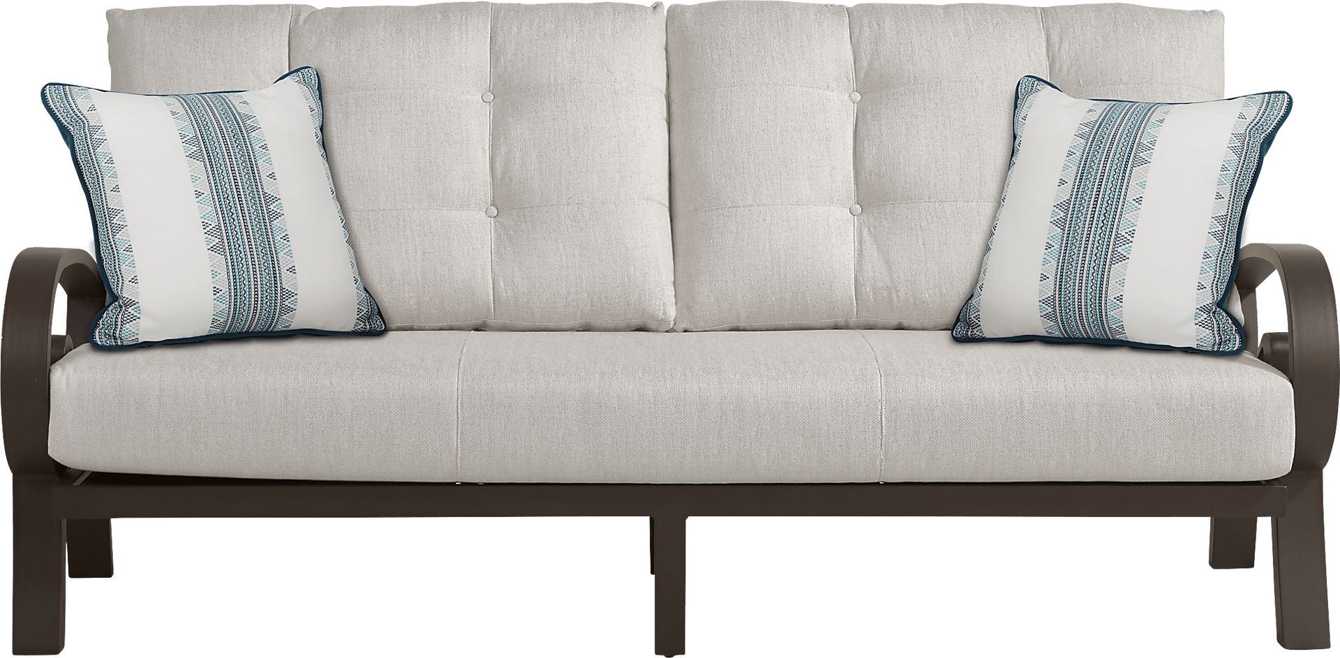 Bermuda Bay Aged Bronze Outdoor Sofa with Rollo Linen Cushions - Image 1