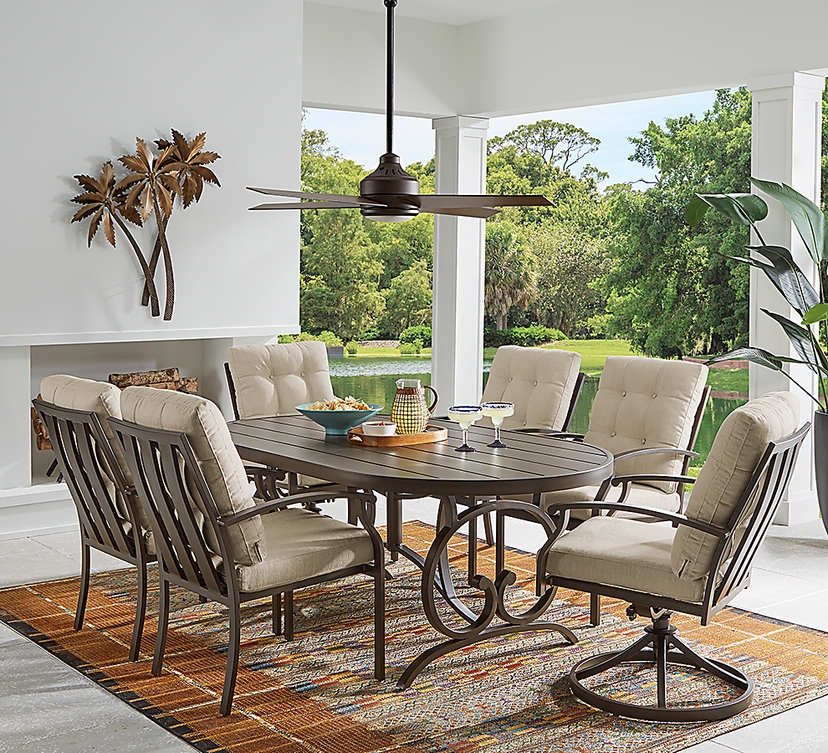 Lake Breeze Aged Bronze 5 Pc Outdoor 78 in. Oval Dining Set with Wren Cushions