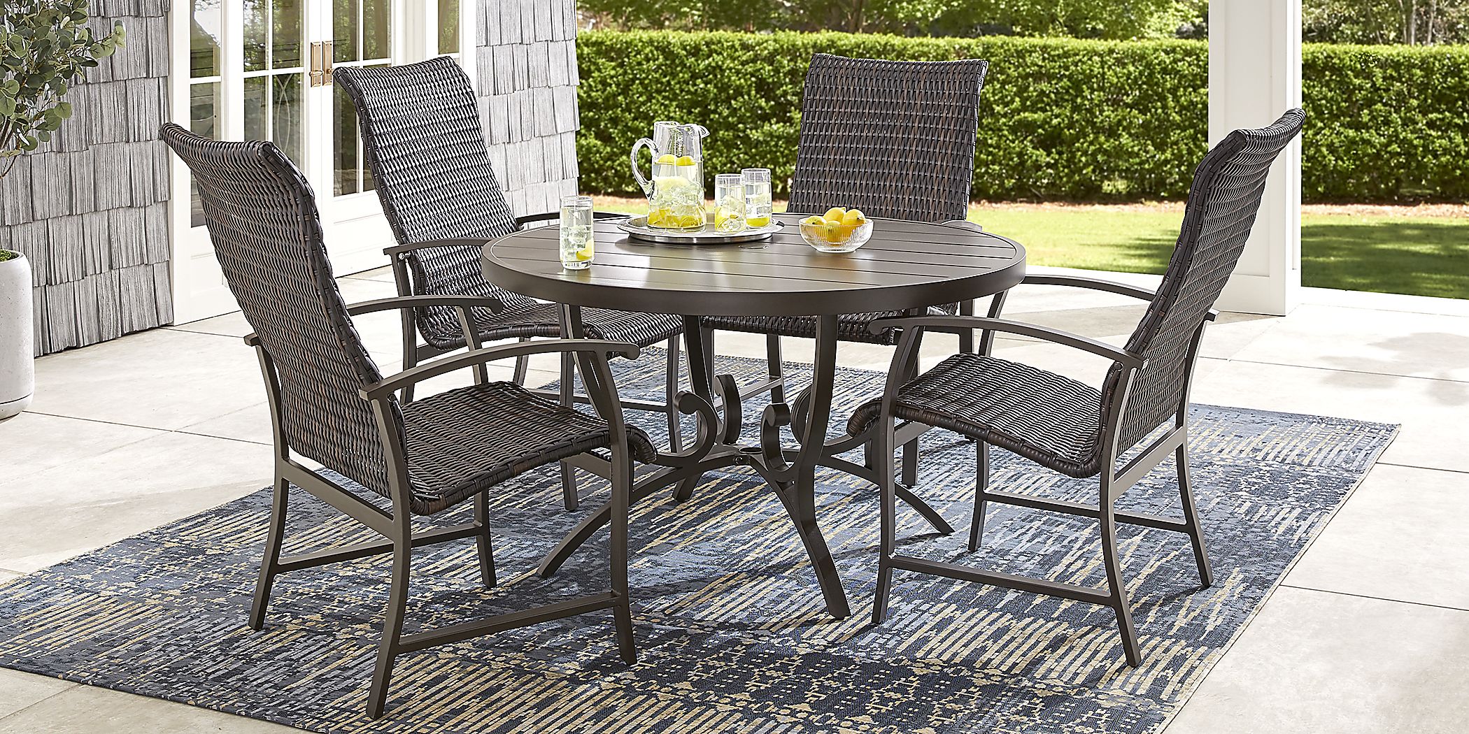 Gray with Gray Chairs Great Deal Furniture Baldry Outdoor 5 Piece Acacia Wood and Wicker Dining Set 