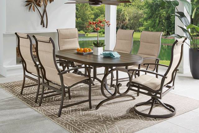 Lake Breeze Aged Bronze 7 Pc Outdoor 78 in. Oval Dining Set with Sling Chairs - Thumbnail - Image 1