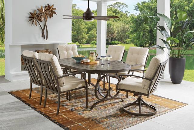 Lake Breeze Aged Bronze 7 Pc Outdoor 78 in. Oval Dining Set with Parchment Cushions - Thumbnail - Image 1
