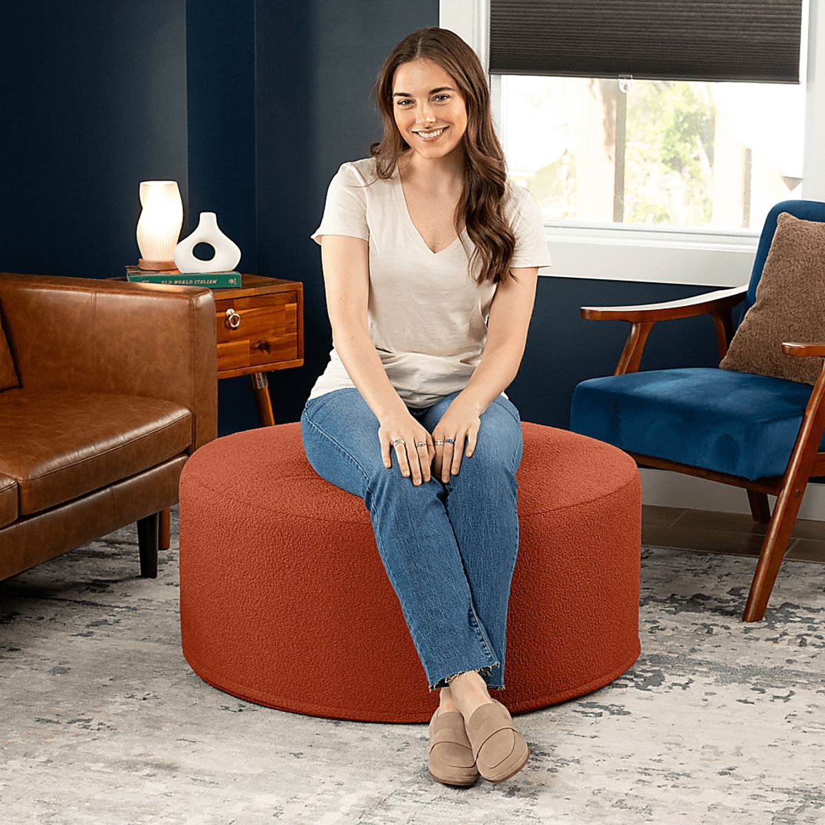 Bevina II Terracotta Orange Polyester Fabric Ottoman | Rooms to Go