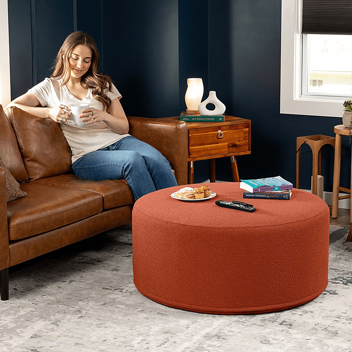 Bevina II Terracotta Orange Polyester Fabric Ottoman | Rooms to Go
