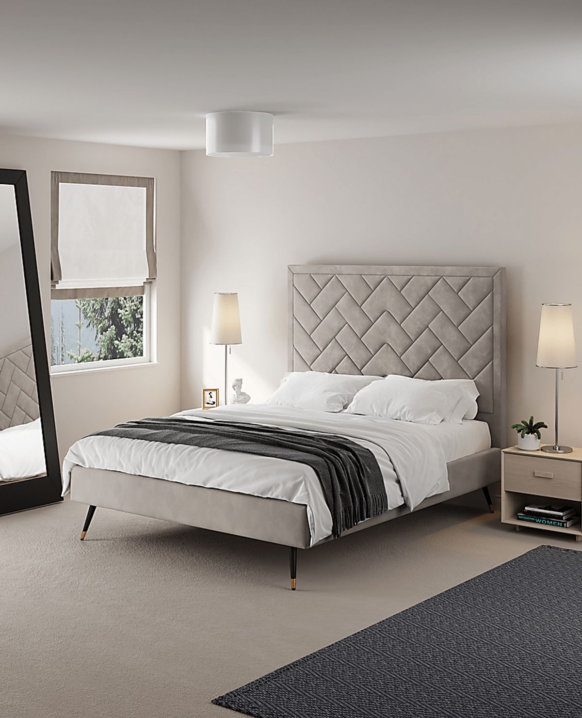 Bevra Light Gray Velvet Plush Queen Bed | Rooms to Go