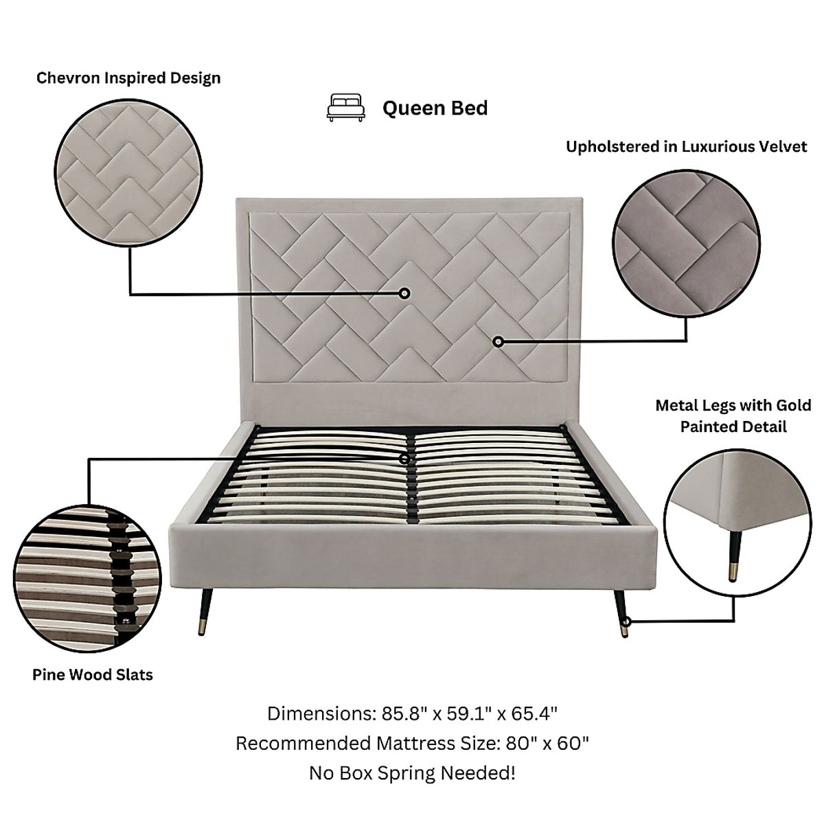 Bevra Light Gray Velvet Plush Queen Bed | Rooms to Go