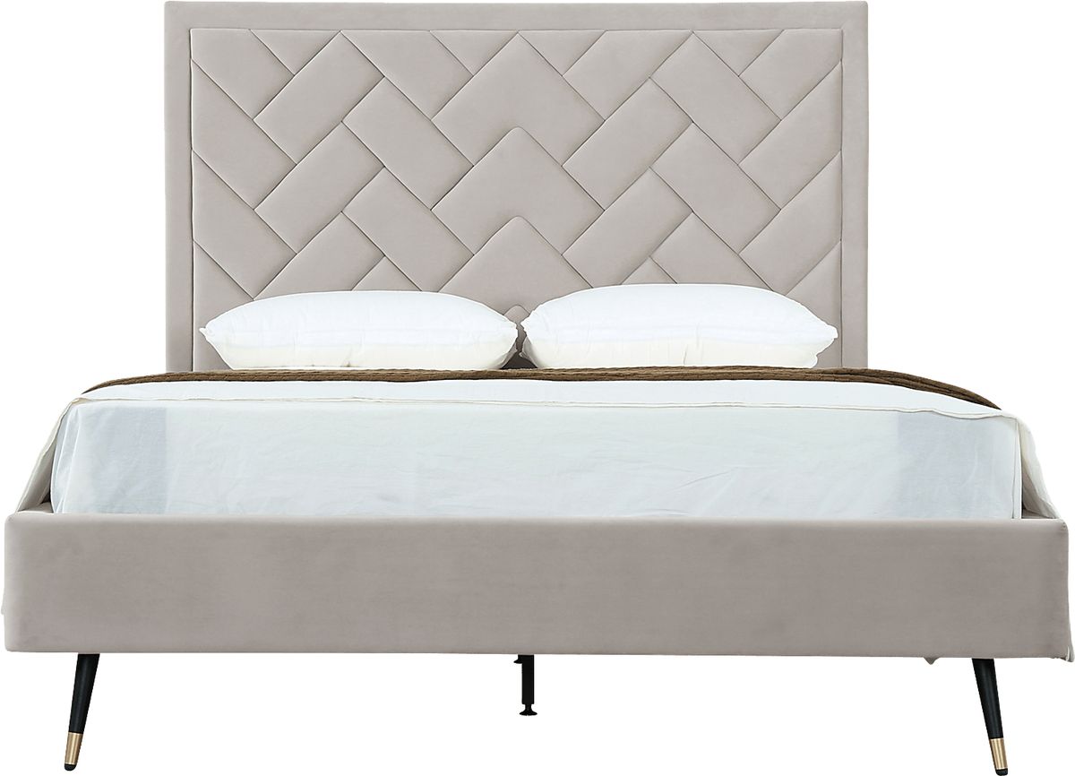 Bevra Light Gray Velvet Plush Queen Bed | Rooms to Go