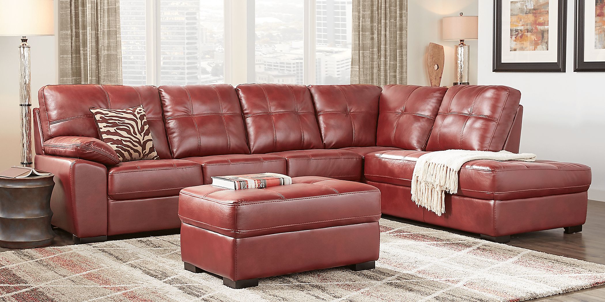 Bexley Square Red Polyester Fabric 2 Pc Right Arm Chaise Sectional