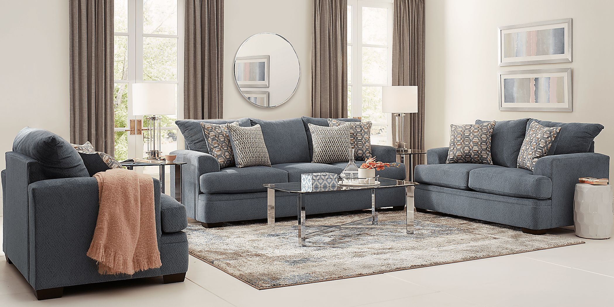 Blair Park 2 Pc Bluestone Chenille Fabric Living Room Set With Sofa