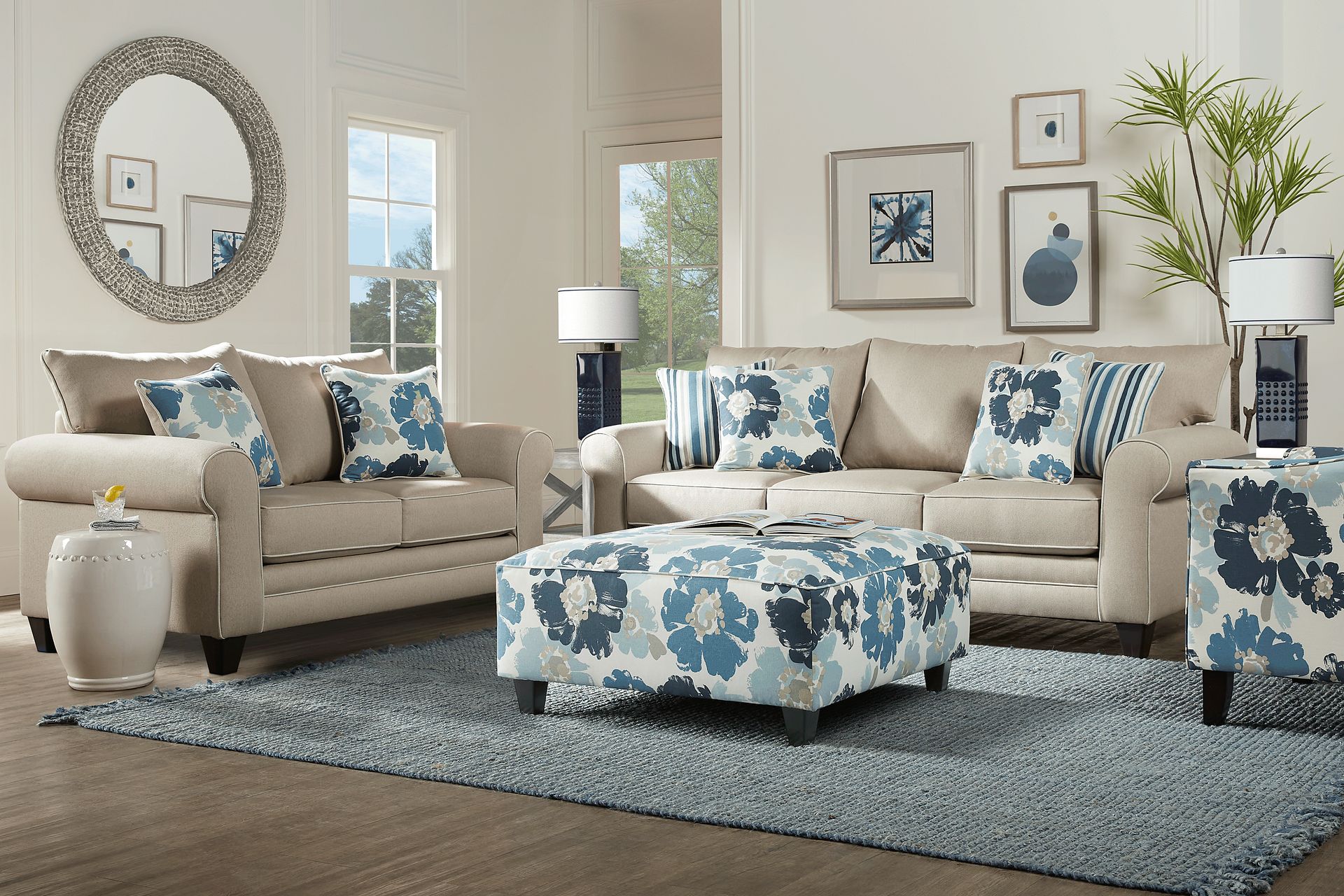 Blossom Fields 7 Pc Beige Synthetic Fabric Sleeper Living Room Set With ...