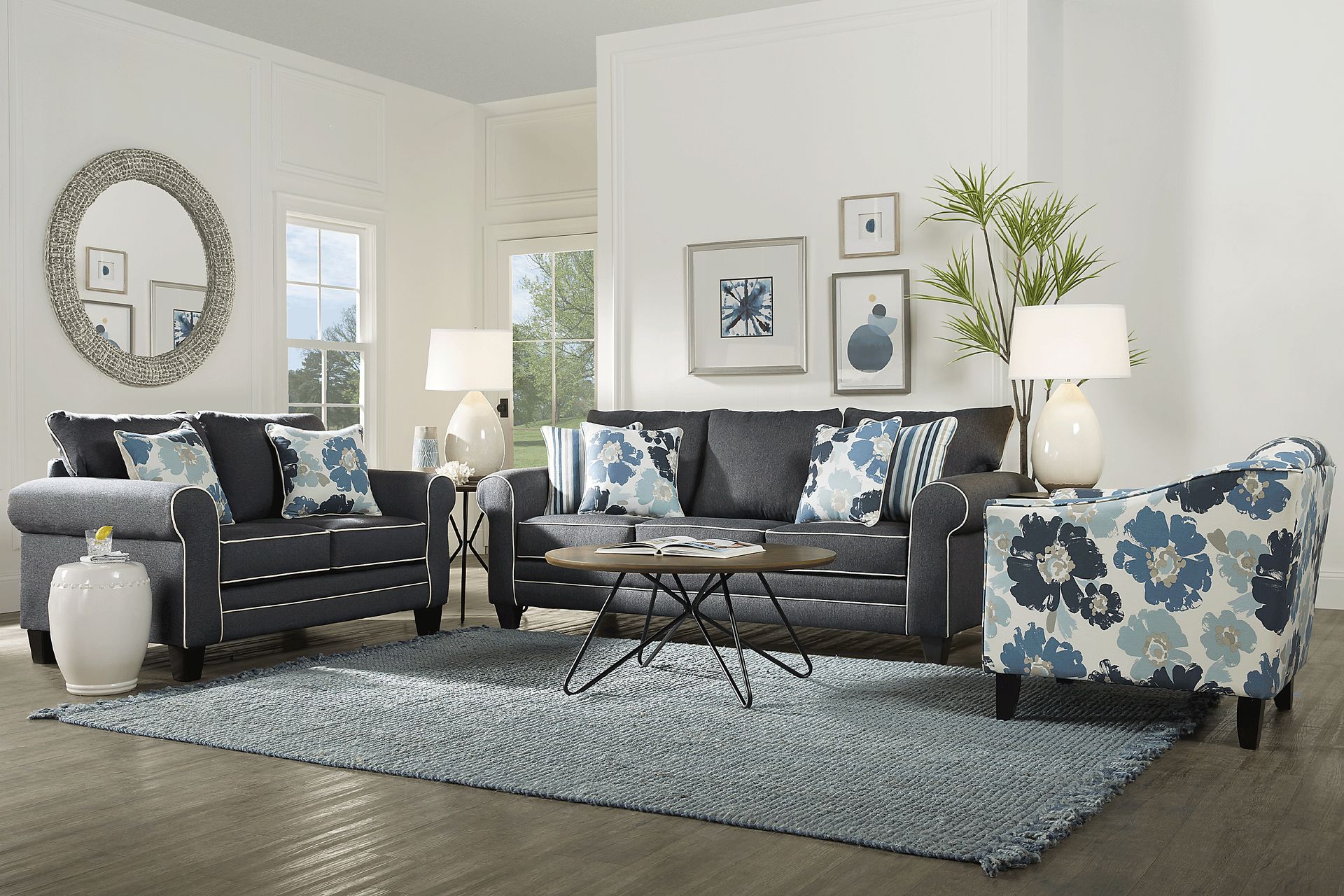 Blossom Fields 7 Pc Blue Synthetic Fabric Living Room Set With