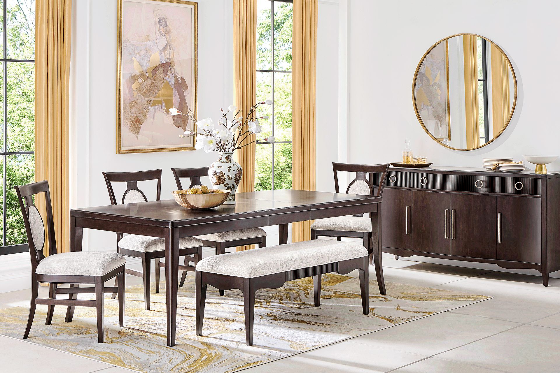 Bradbury Brown Cherry 6 Pc Dining Room with Upholstered Chairs and Bench - Image 1