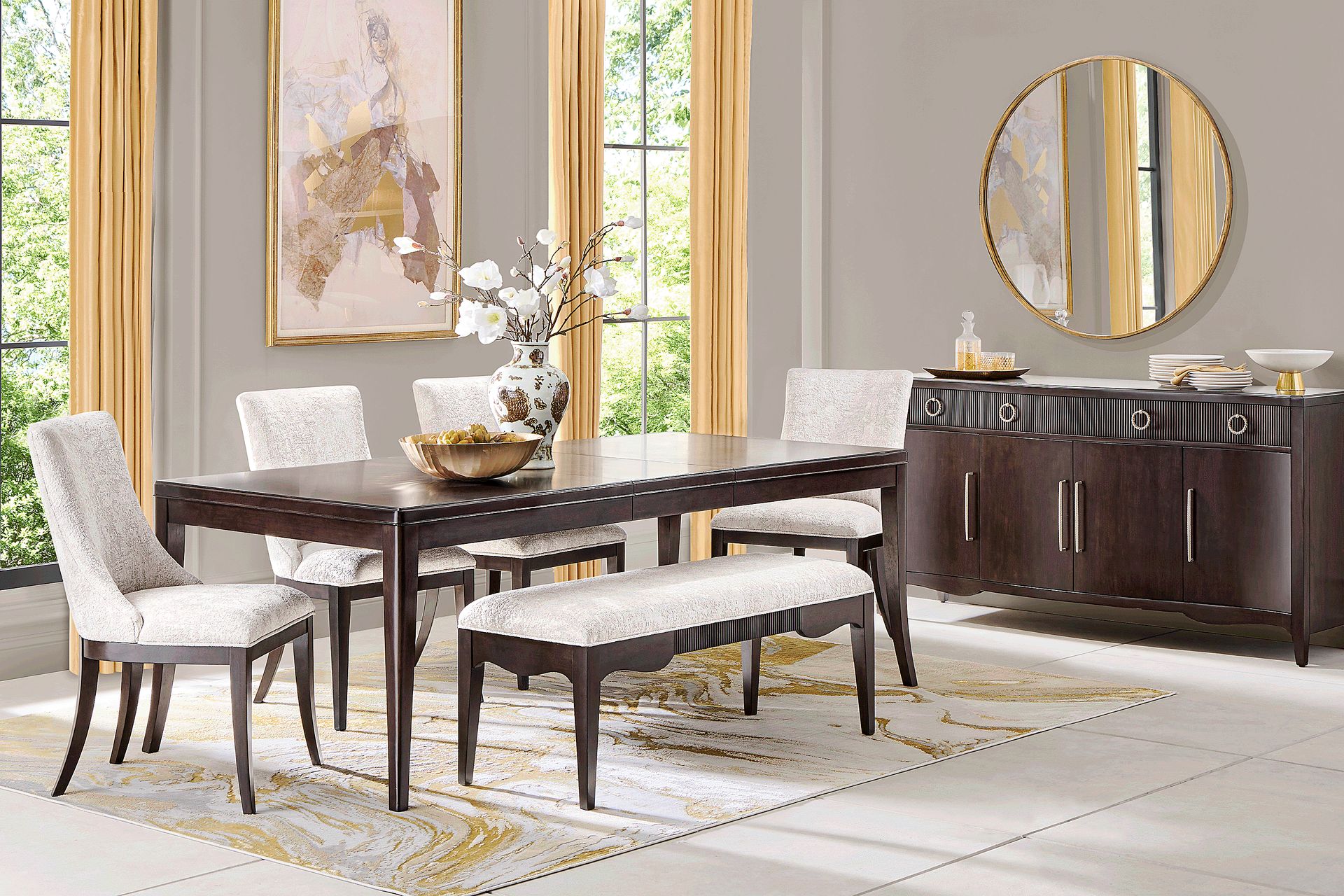 Bradbury Brown Cherry 6 Pc Dining Room with Upholstered Chairs and Bench - Image 1