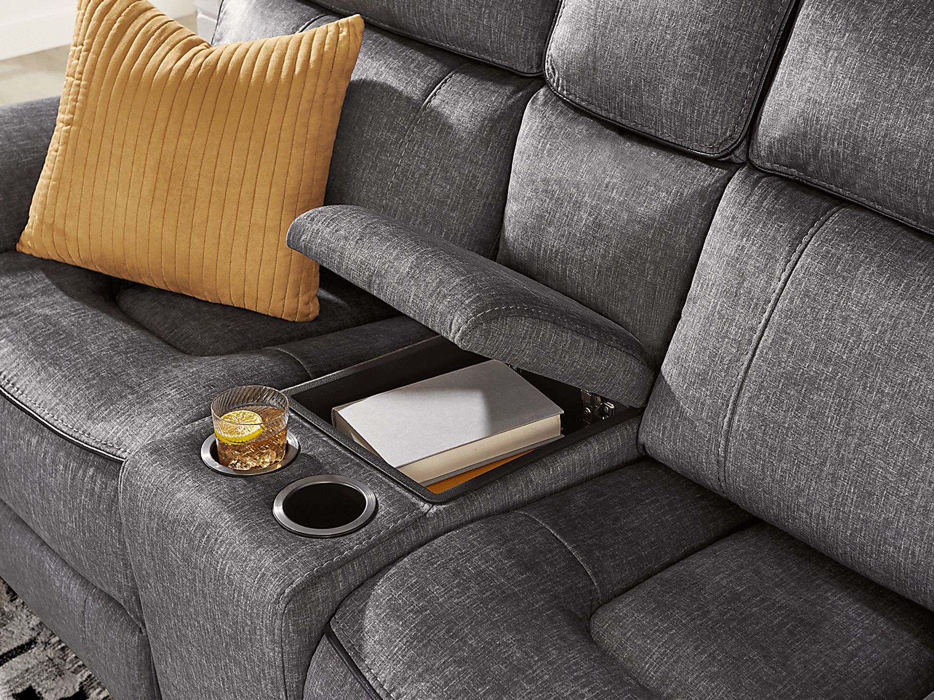 Bradshaw Place Dark Gray Reclining Glider Console Loveseat - Image 4