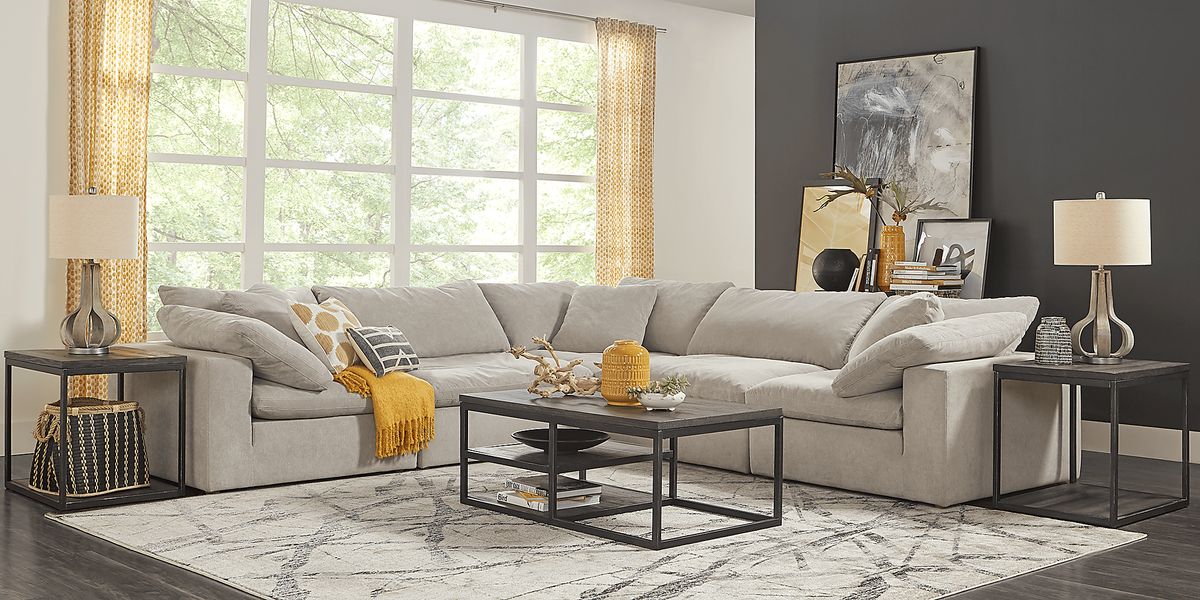Brendan 7 Pc Gray Chenille Fabric Living Room Set With 5 Pc Sectional ...