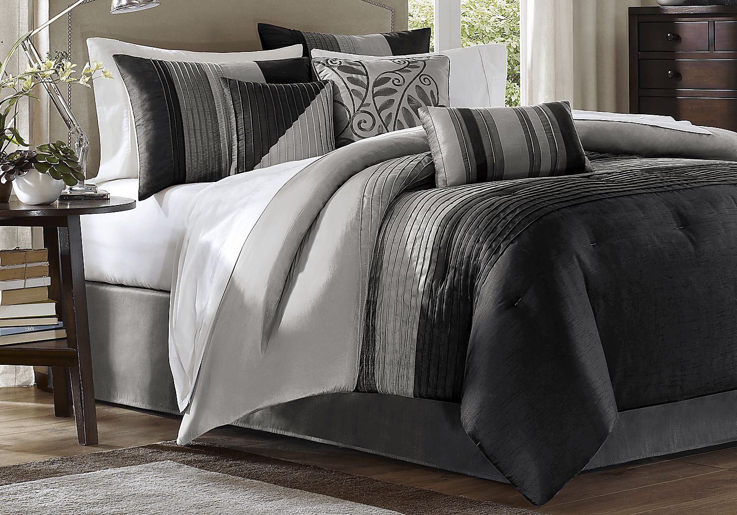 10 PCS Comforter Set Grey Black Super Soft Reversible Queen King Comforter 