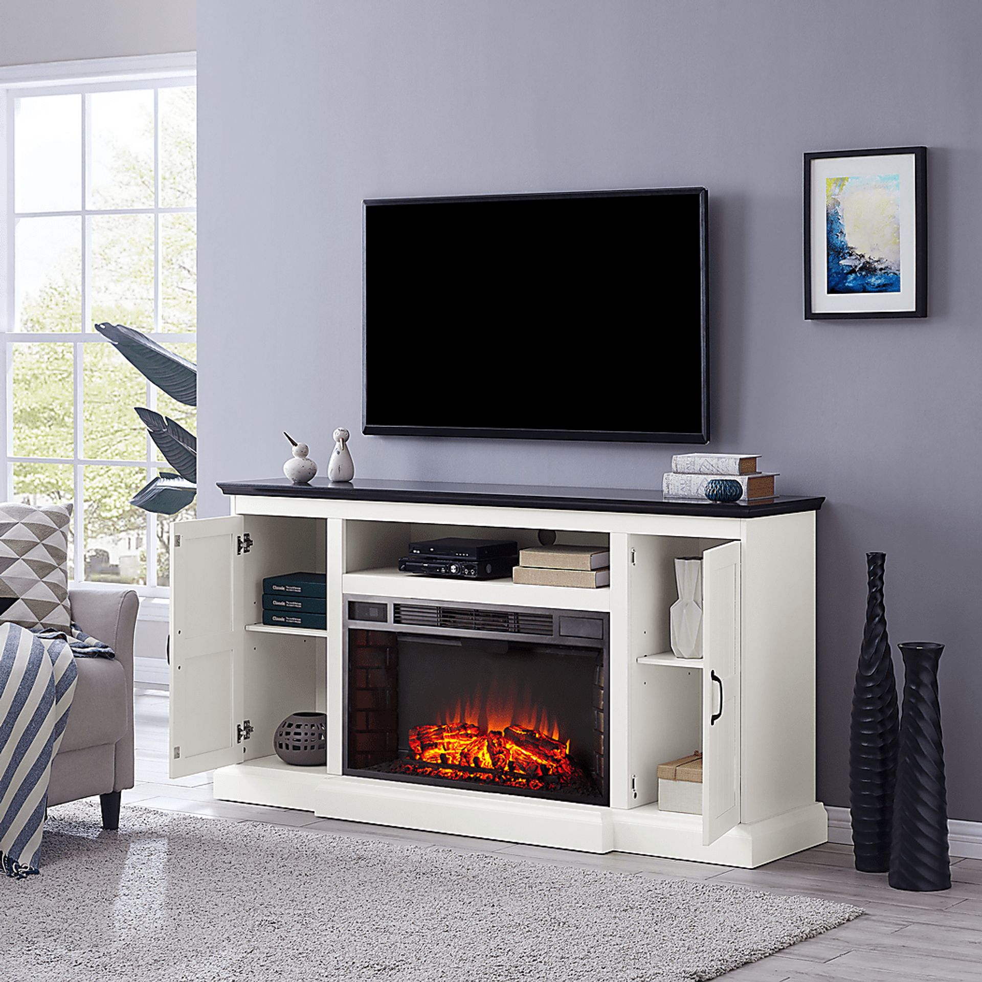 Breyfogle White 66 in. Console With Electric Log Fireplace - Image 10