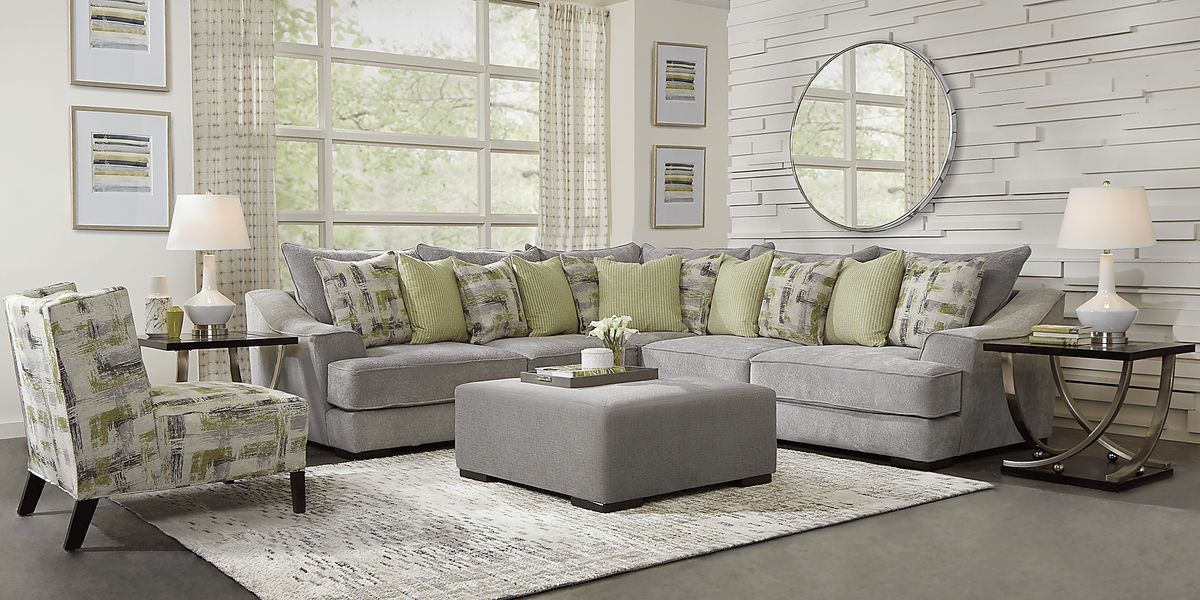 Briar Crossing 4 Pc Gray Chenille Fabric Living Room Set With 3 Pc  Sectional, Cocktail Ottoman