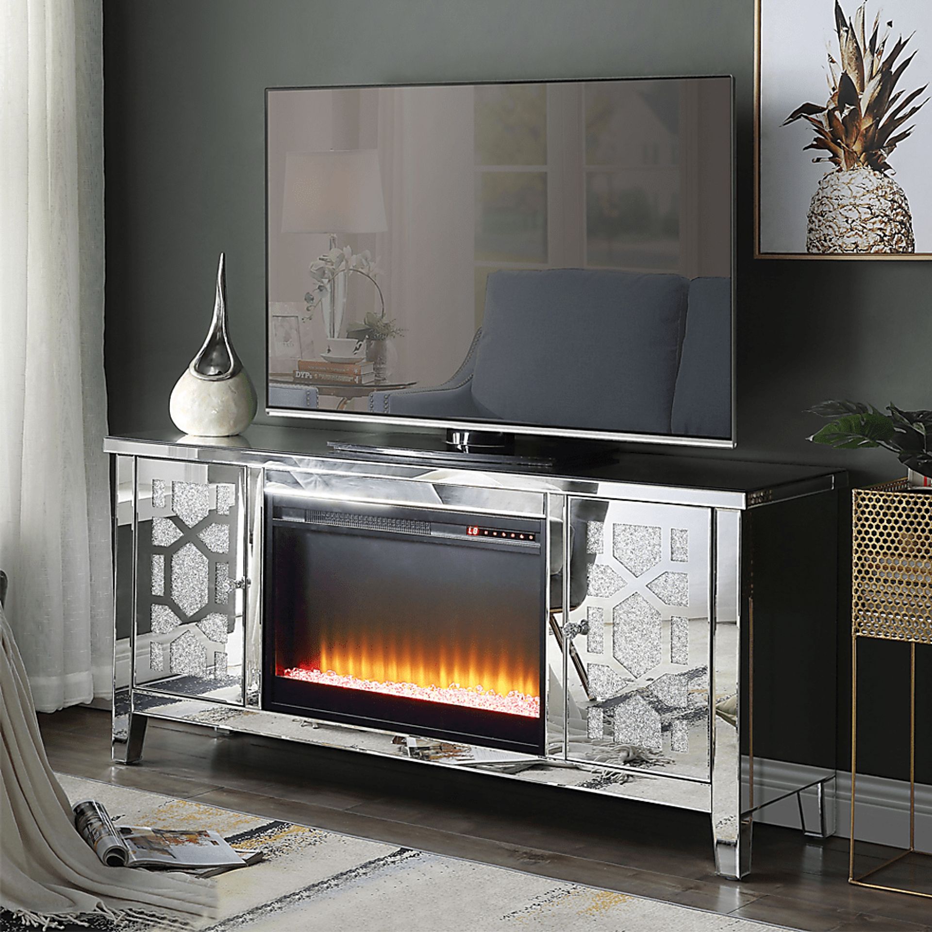 Broadripple Silver 59 in. Console, With Electric Fireplace - Image 2