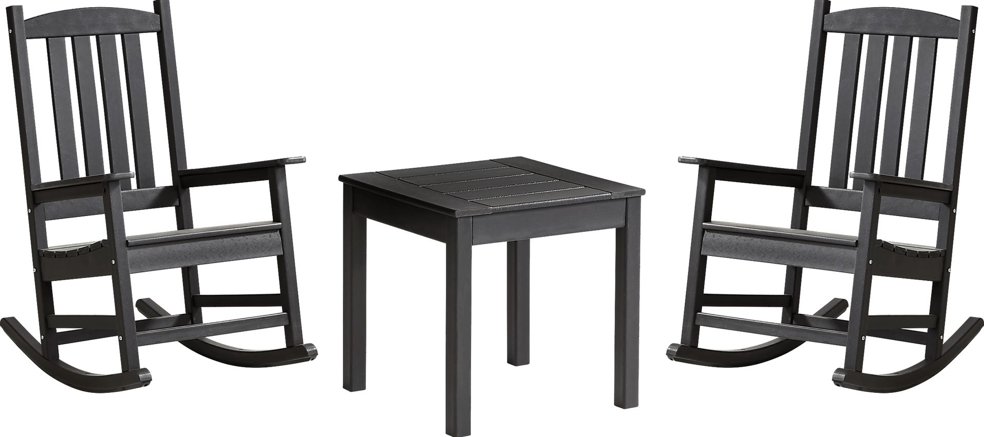 Brocky Black 3 Pc Outdoor Rocking Chair Set with End Table - Image 1