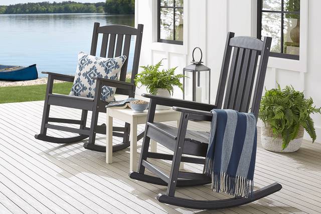 Brocky Black 3 Pc Outdoor Rocking Chair Set with End Table - Thumbnail - Image 1