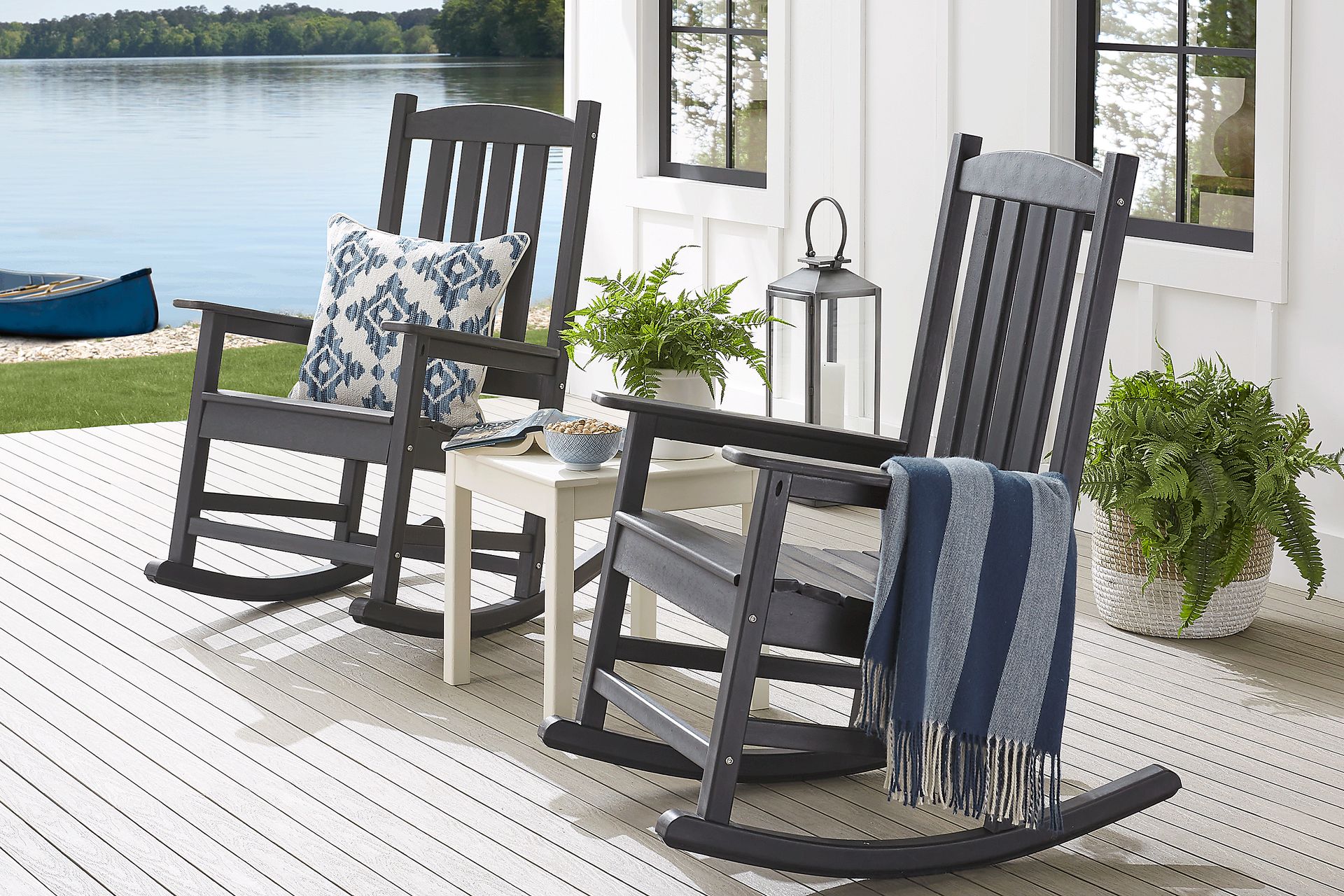 Brocky Black 3 Pc Outdoor Rocking Chair Set with End Table - Image 1