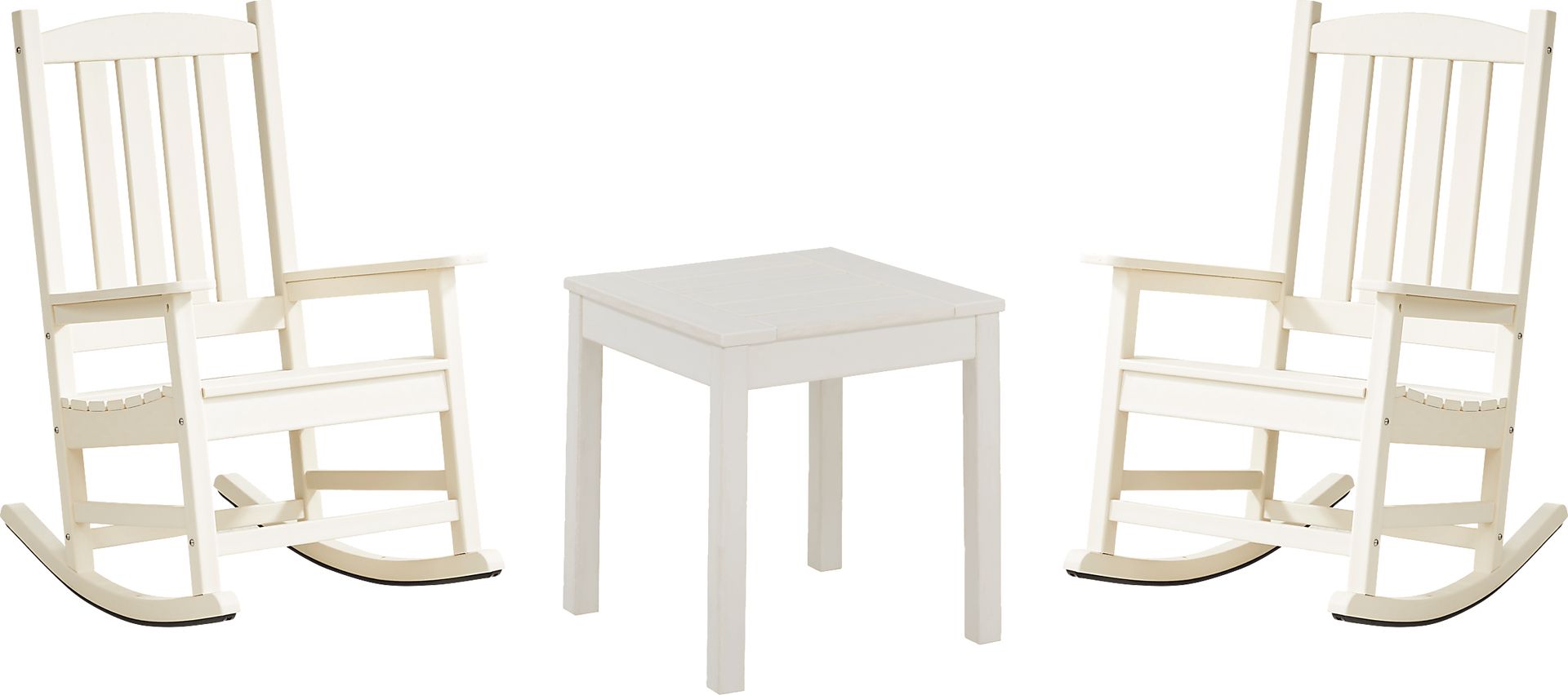 Brocky White 3 Pc Outdoor Rocking Chair Set with End Table - Image 1