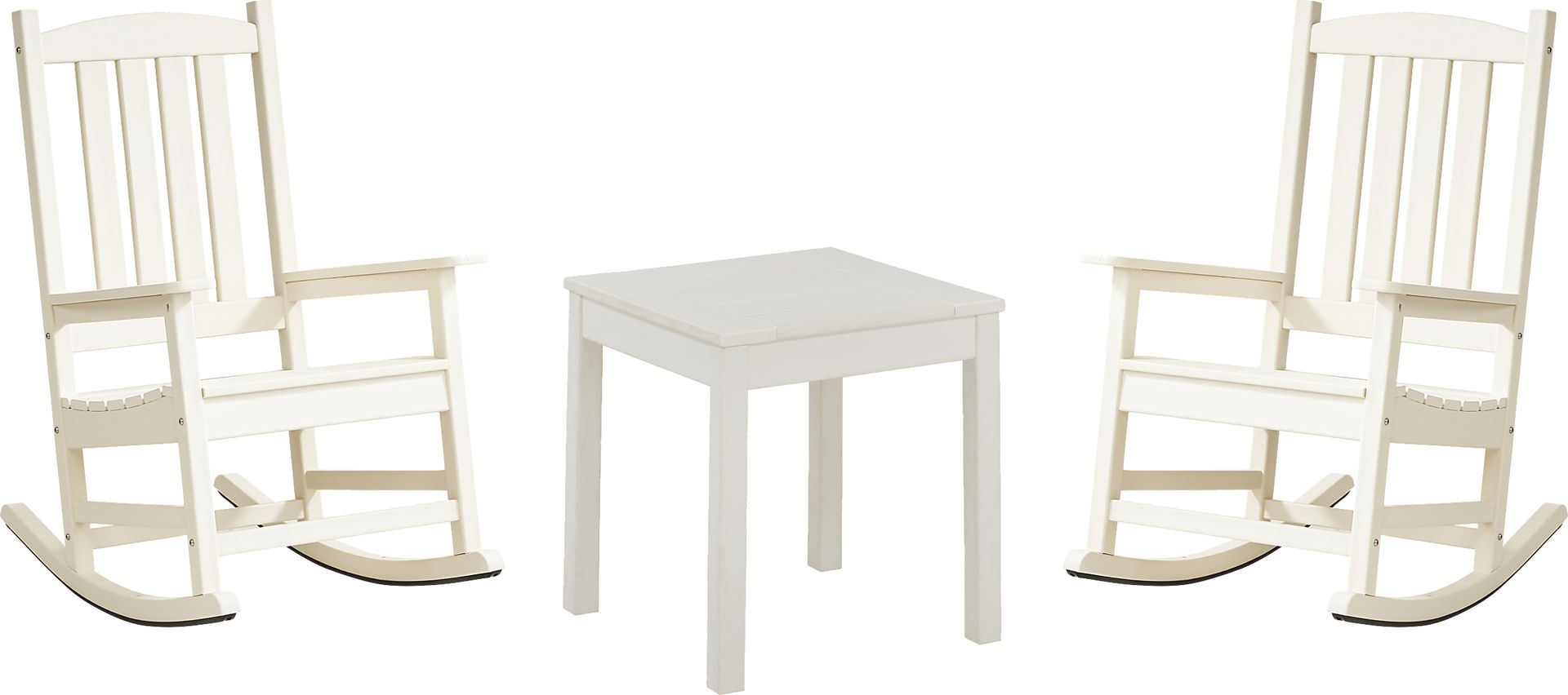 Brocky White 3 Pc Outdoor Rocking Chair Set with End Table - Image 1