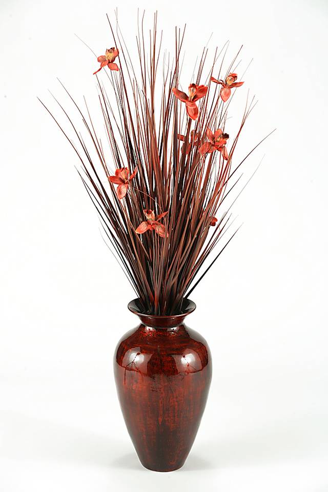 Brown Ting with Burgundy Blossoms in Spun Bamboo Vase - Thumbnail - Image 1