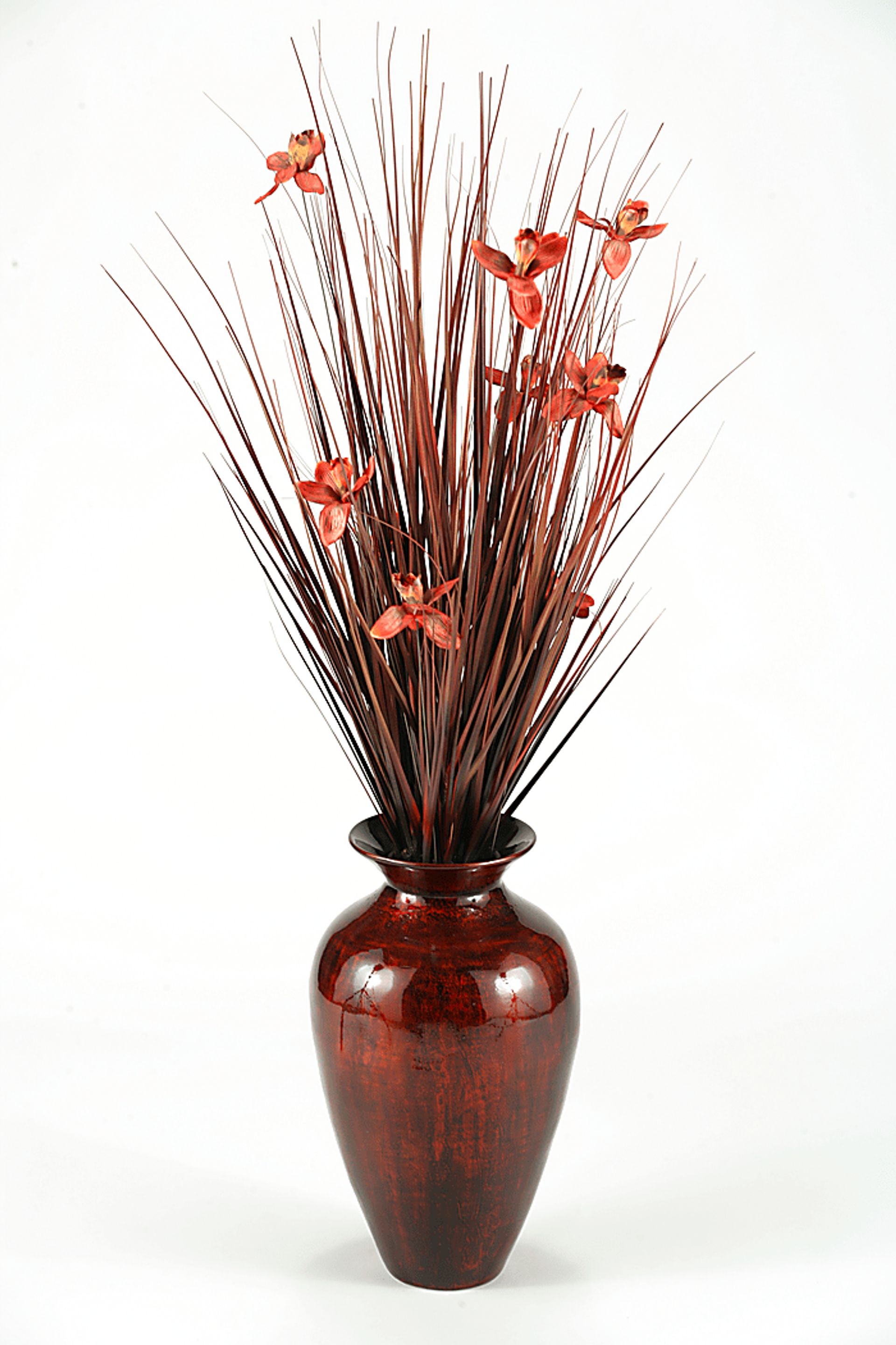 Brown Ting with Burgundy Blossoms in Spun Bamboo Vase - Image 1