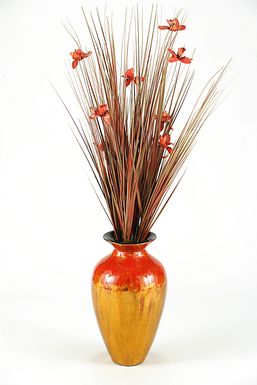 Brown Ting with Red Blossoms in Spun Bamboo Vase