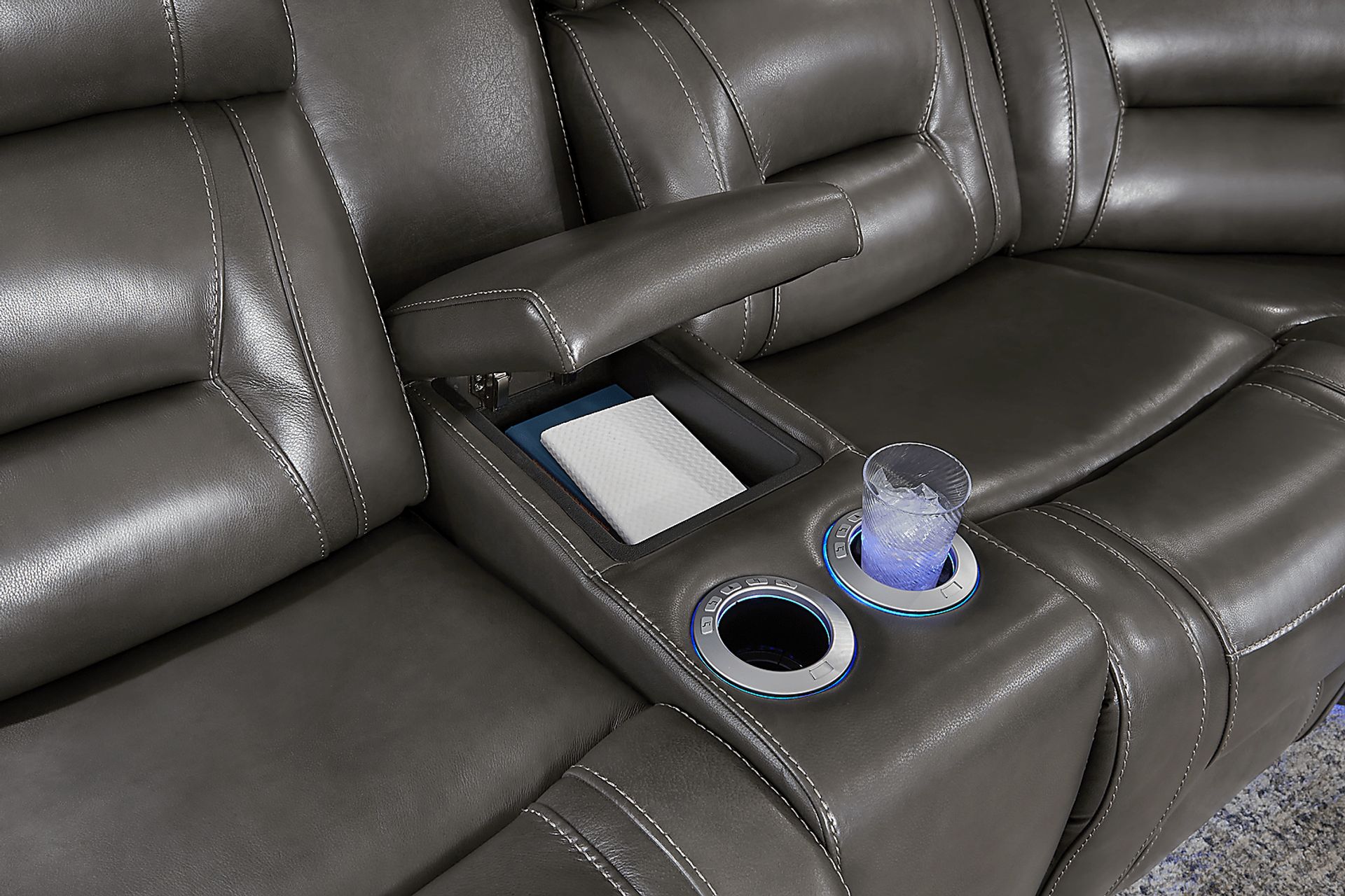 Brunswick Dark Gray Leather 3 Pc Dual Power Reclining Sectional - Image 9