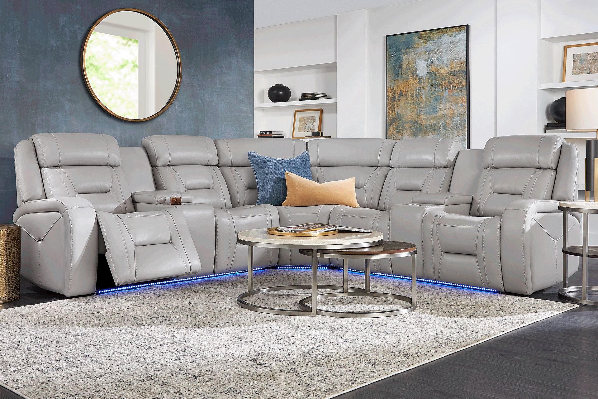 Brunswick Light Gray Leather 6 Pc Dual Power Reclining Sectional Living Room - Image 1