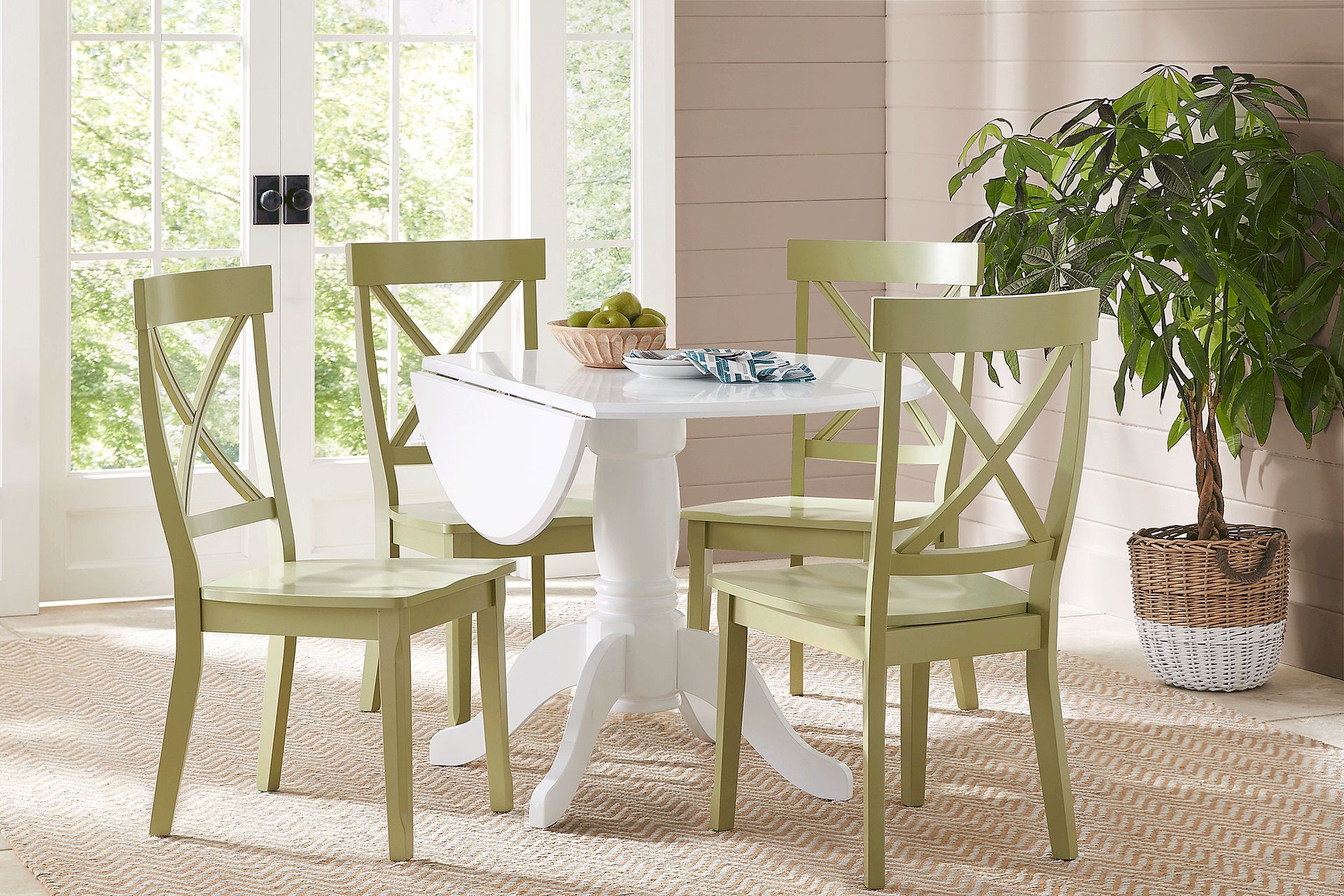 Brynwood White 5 Pc Drop Leaf Dining Set with Green Chairs - Image 1